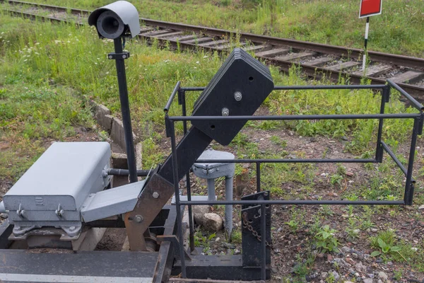 Mécanisme Dispositif Barrière Passage Niveau Consiste Lever Barrière Sur Route — Photo