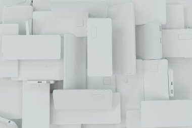 Heap of randomly piled undetectable templates of smartphones and mobile phones lying on different sides. Concept: simple background for design of communication business company. 3D illustration.