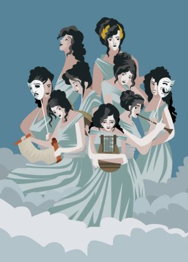Yunan mitolojisi ilham perileri Clio, Euterpe, Thalia, Melpomene, Terpsichore, Erato, Polymnia, Ourania ve Calliope, 