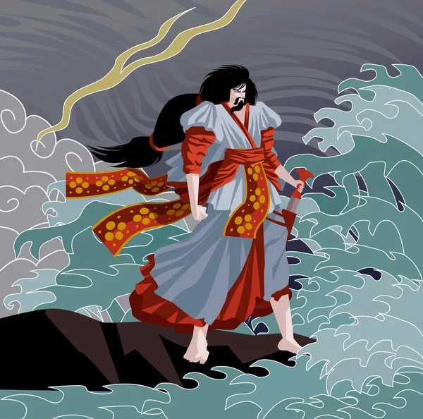 Susanoo Shinto Dios Tormenta Mar Con Espada Kusanagi — Vector de stock