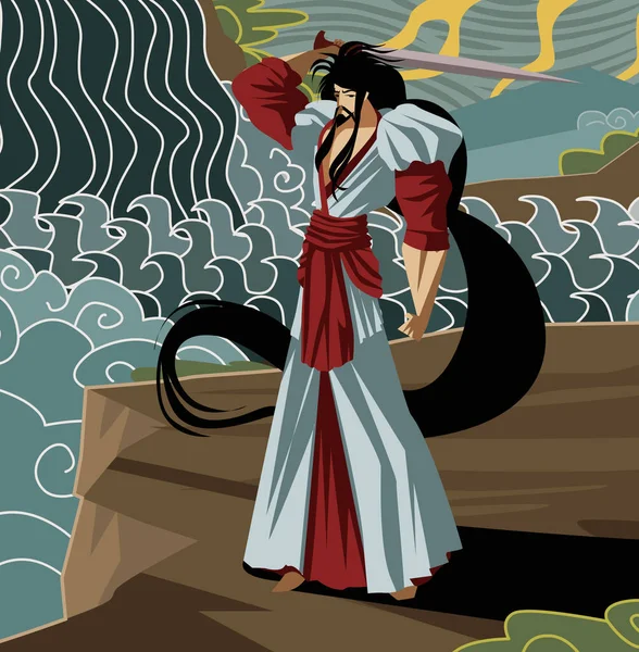 Susanoo Shinto Dios Tormenta Mar Con Espada Kusanagi — Vector de stock