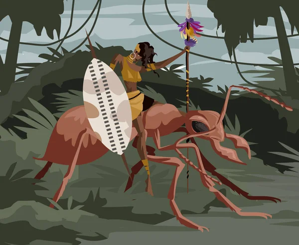Abatwa Umutwa Afrika Mitolojisi Küçük Peri Savaşçısı Karıncaya Biniyor — Stok Vektör