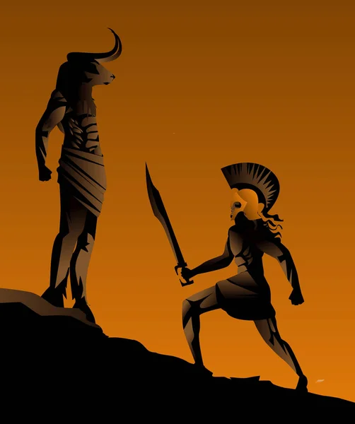 Mitologia Grega Teseu Lutando Contra Minotauro —  Vetores de Stock
