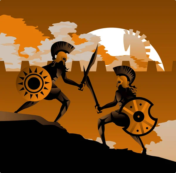 Orangefarbene Und Schwarze Figuren Aus Dem Trojakrieg Mit Achillenkämpfen — Stockvektor