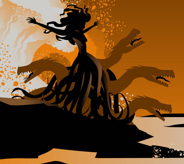 orange and black scylla sea monster