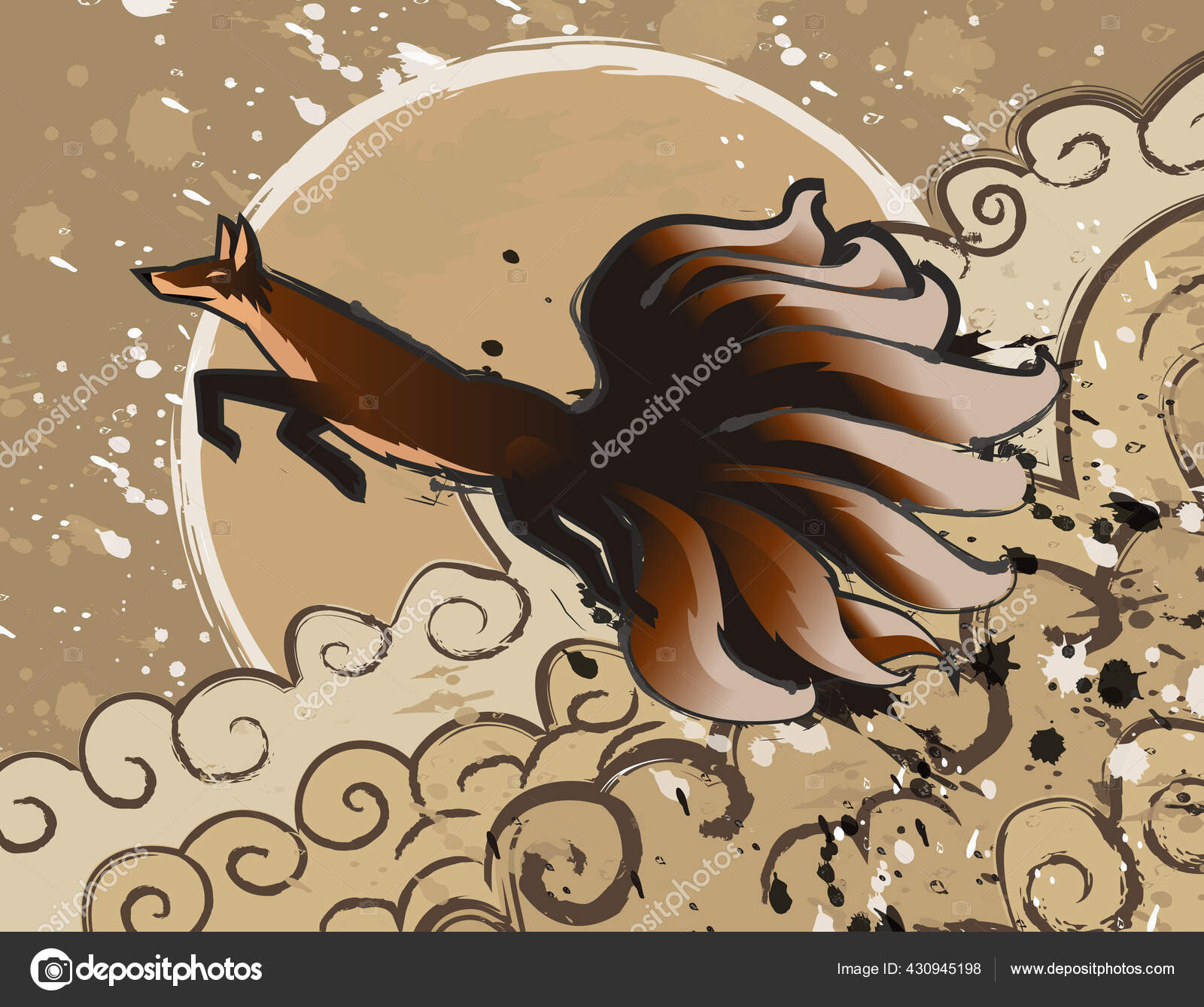 Japonês Mitologia Mágico Kitsune Nove Caudas Raposa Vetor de ©delcarmat  430945198, image size:1600x1338