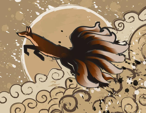 Japansk Mytologi Magisk Kitsune Nio Svansar Räv — Stock vektor