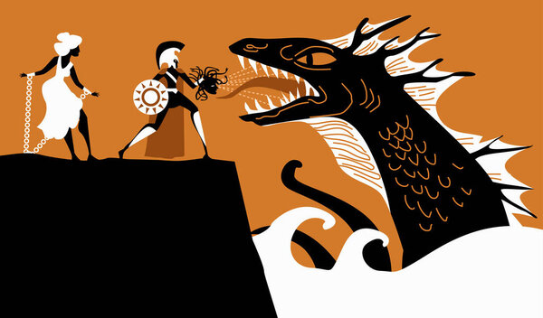 andromeda chained to a rock and perseus fighting the sea monster cetus