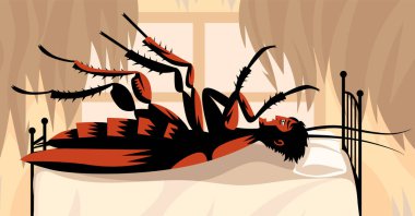 man transforming into insect in bedroom inspired by metamorphosis
