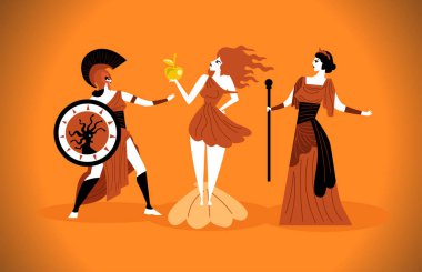 athena, aphrodite and hera discussing the golden apple