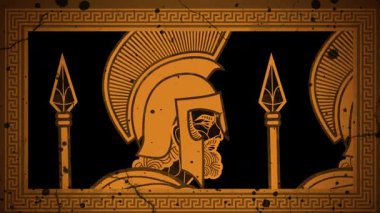 Spartalı askerler ellerinde mızraklarla antik Yunan amfora tarzında yürüyorlar.