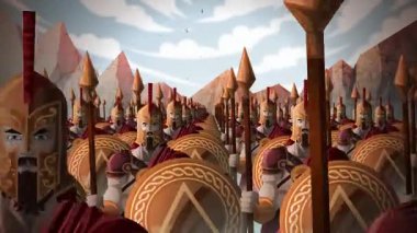 Spartalı savaşçılar mızrak ve bronz kalkanla yürüyorlar.