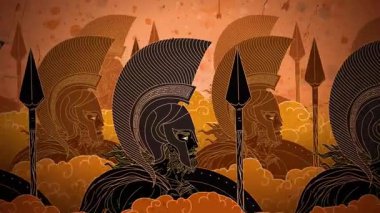 Spartalı savaşçılar mızrak ve bronz kalkanla yürüyorlar.