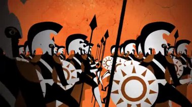 Spartalı savaşçılar mızrak ve bronz kalkanla yürüyorlar.