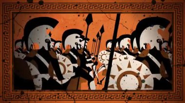 Spartalı savaşçılar kalkanları ve mızraklarıyla antik Yunan turuncu ve siyah tarzında yürüyorlar.