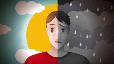 Mutlu tarafı güneşli, bulutlu ve üzgün tarafı yağmurlu bipolar adam.