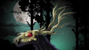 Wendigo yaratığı karanlık ormanda yürüyor.