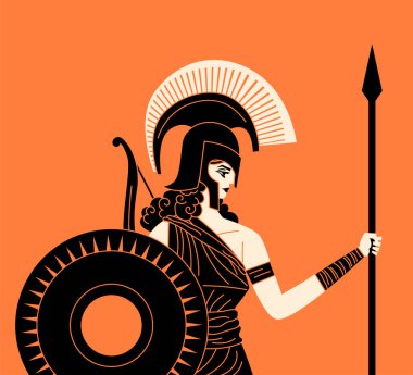 Kalkanı ve mızrağı turuncu Yunan vazosu tarzında olan Amazon savaşçısı.