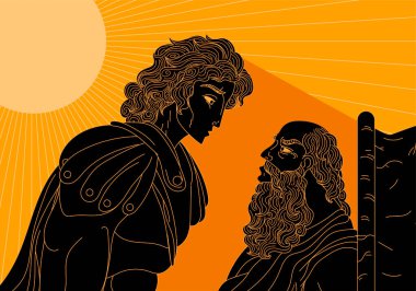 Turuncu Yunan vazosundaki Büyük İskender ile konuşan diogenler