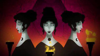 Meşaleli ve gölgeli üç cadı rahibe.