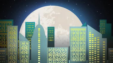 Şehir geceleri dolunayda gökyüzüne yükseliyor.