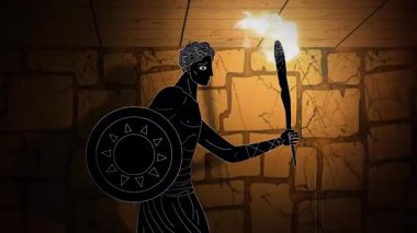 Theseus elinde meşaleyle labirent koridorunda yürüyor.