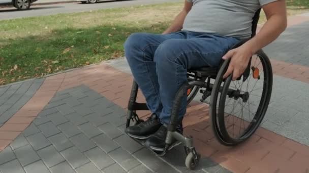 Hombre Discapacitado Silla Ruedas Caminar Callejón Del Parque — Vídeos de Stock