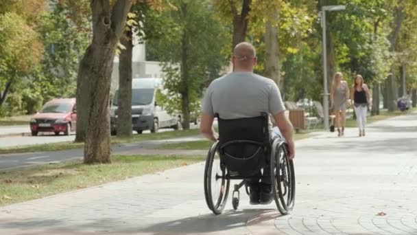 Handikappad Man Rullstol Går Parkgränden — Stockvideo