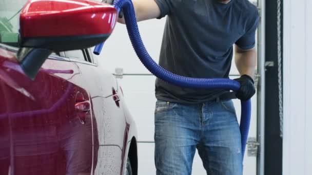 Auto Wassen Auto Schoonmaken Met Behulp Van Blowers Elektrisch — Stockvideo