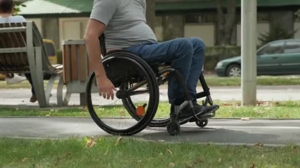 Tekerlekli Sandalyedeki Engelli Adam Parkta Yürüyor — Stok video