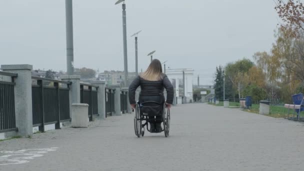Person Rullestol Som Går Utenfor – stockvideo