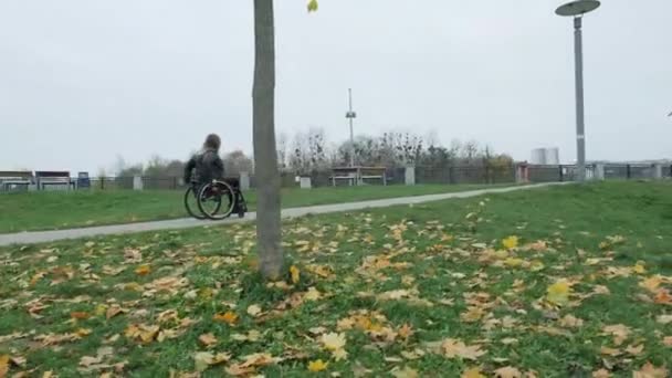 Человек Инвалидной Коляске Выходит Улицу — стоковое видео
