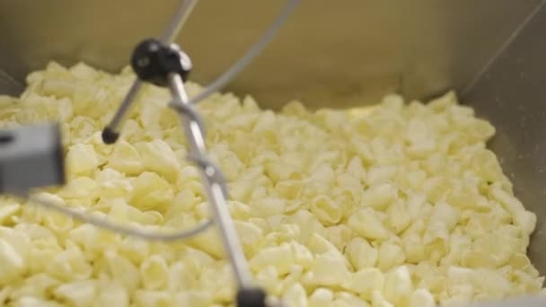 Production Factory Line Moves Golden Potato Chips Frying Slow Motion — Stock Video