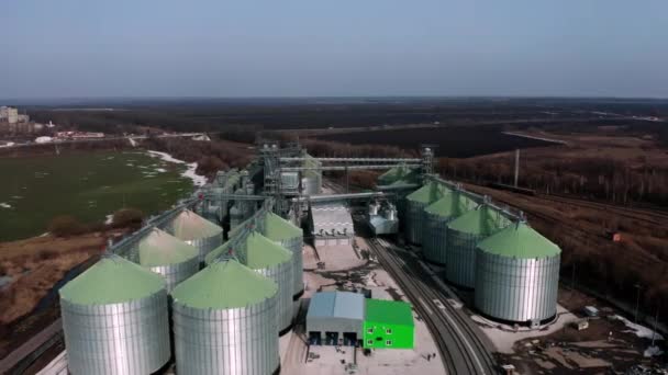Metal Silos Field Aerial View Large Containers Storing Processing Grains — Stock Video