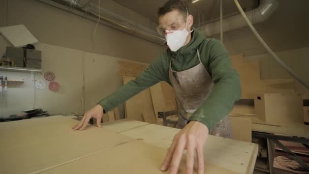 木工職人は 切断機を使用してワークショップで木板 合板パネル 木材を切断します — ストック動画