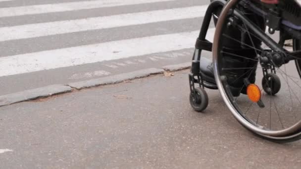 Person Disability Moves Street Wheelchair Border Prevents Movement Wheelchair — Vídeos de Stock