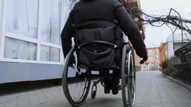 Person Disability Moves Street Wheelchair — ストック動画