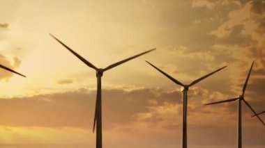 3D animation of Solar panels on large wind turbines background. Windmills. Concept of clean energy, green energy, renewable energy. Alternative energy concept.
