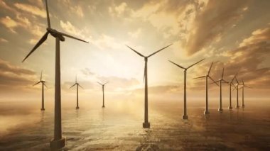 3D animation of Solar panels on large wind turbines background. Windmills. Concept of clean energy, green energy, renewable energy. Alternative energy concept.