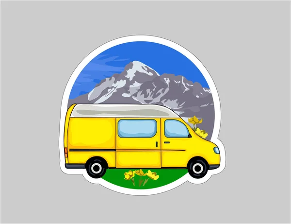 Autocollant Van Life Camionnette Jaune Avec Forêt Montagnes Arrière Plan — Image vectorielle