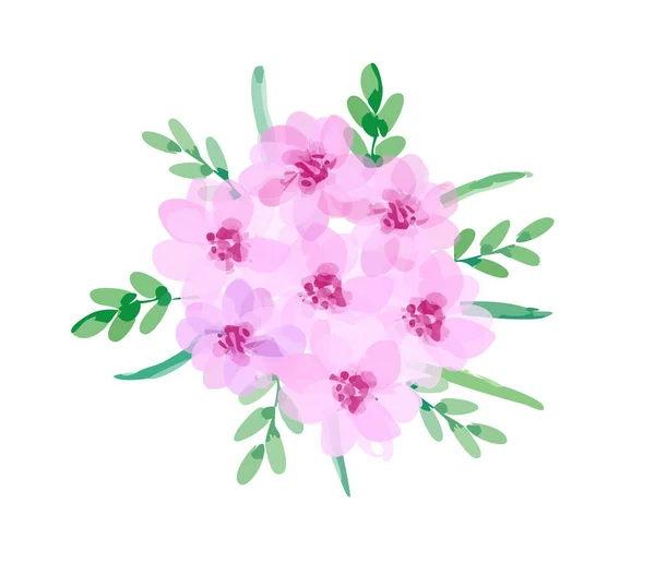 Bukett Med Rosa Blommor Dekorerade Med Gröna Blad Illustration Isolerad — Stock vektor