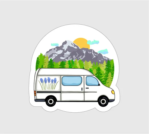 Van Life Sticker Wit Busje Met Bos Bergen Achtergrond Leven — Stockvector