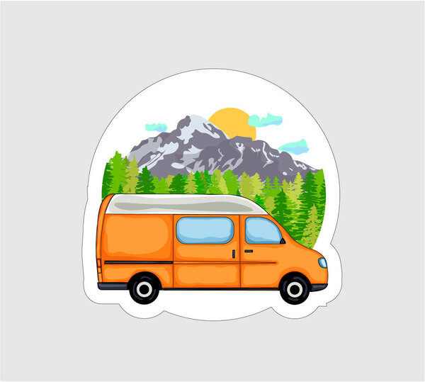 Van Life sticker. Orange van with forest and mountains in the background. Living van life, camping in the nature, travelling. Illustration.
