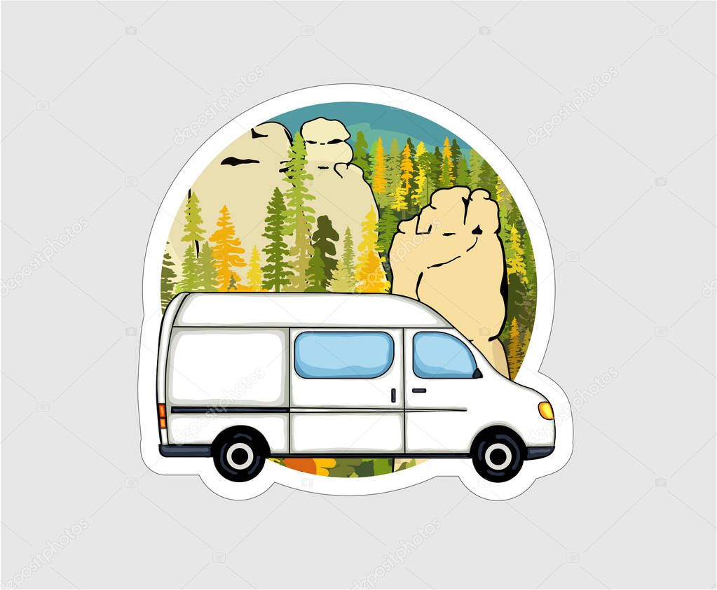 Van with sandstone formation and forest in the background. Van life badge, illustration.