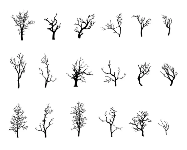 白い背景に葉のない木のシルエットのコレクション 黒いツイストの枝 イラスト — ストックベクタ