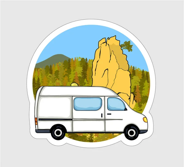 バンライフステッカー 背景の砂岩の岩の形成 森林や山 カラフルなイラスト — ストックベクタ