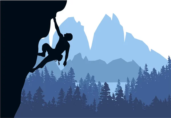 Man Climbing Rock Overhang Mountains Forest Background Silhouette Climber Brown — Stock Vector