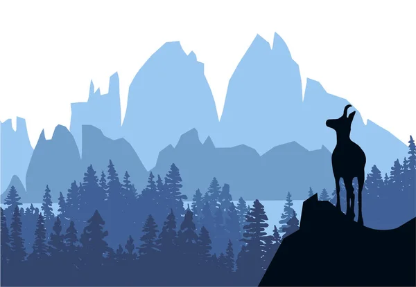 背景には山や森のある丘の上にシャモアが立っています 青の背景を持つ黒のシルエット イラスト — ストックベクタ
