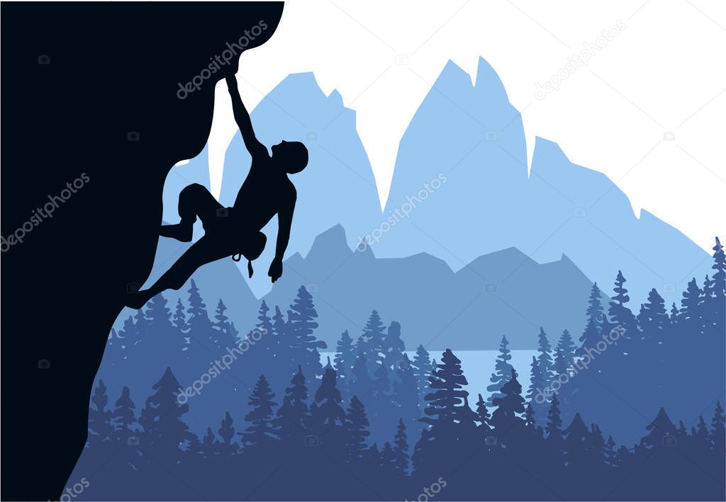 Man climbing rock overhang. Mountains and forest in the background. Silhouette of climber with brown, orange and yellow background. Illustration.