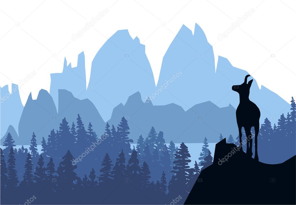 A chamois stands on top of a hill with mountains and forest in the background. Black silhouette with blue background. Illustration.